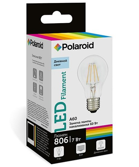 Набор светодиодных лампочек Polaroid 220V FIL A60 7W 6500K E27 806lm, 5шт