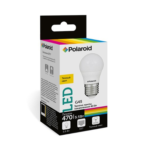 Набор светодиодных лампочек Polaroid 220V G45 5,5W 3000K E27 470lm, 5шт