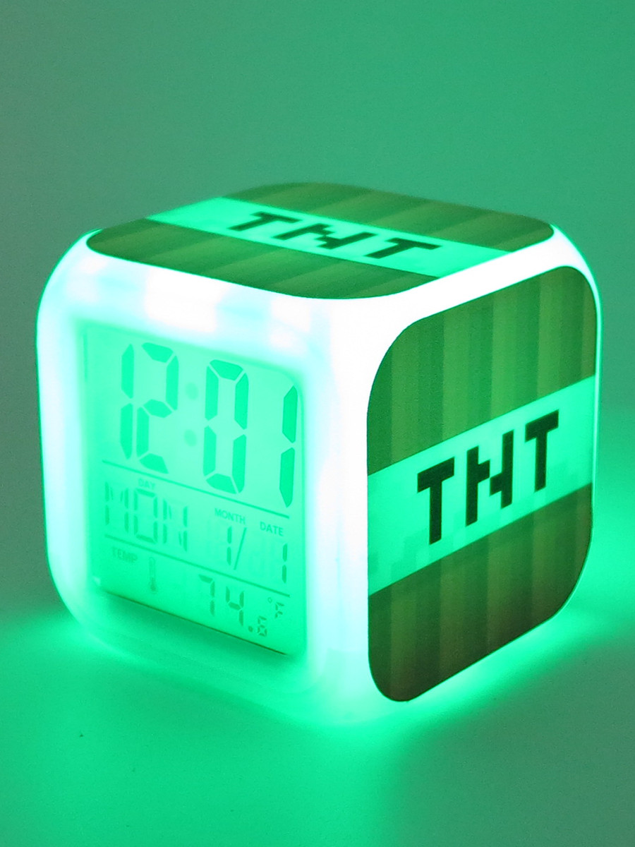 Часы-будильник Minecraft: Блок ТНТ взрывчатки (пиксельные с подсветкой)