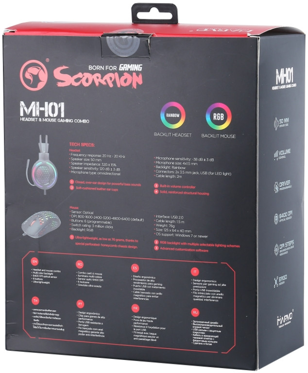 Игровой набор Marvo MH01BK: мышь проводная и гарнитура с подсветкой RGB для ПК