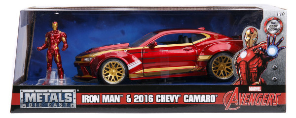 Набор Hollywood Rides: Marvel Avengers – модель машины 2016 Chevy Camaro SS Widebody (масштаб 1:24) + фигурка Iron Man Figure 2,75"