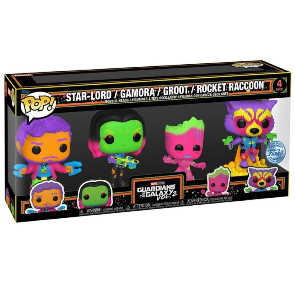 Фигурка Funko POP Marvel: Guardians Of The Galaxy Vol. 2 – Star-Lord & Gamora & Groot & Rocket Raccoon Black Light Exclusive Bobble-Head (4 in)