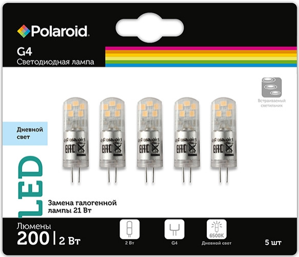 Набор светодиодных лампочек Polaroid 12V G 2W 6500K G4 200lm уп. 5шт, 10шт