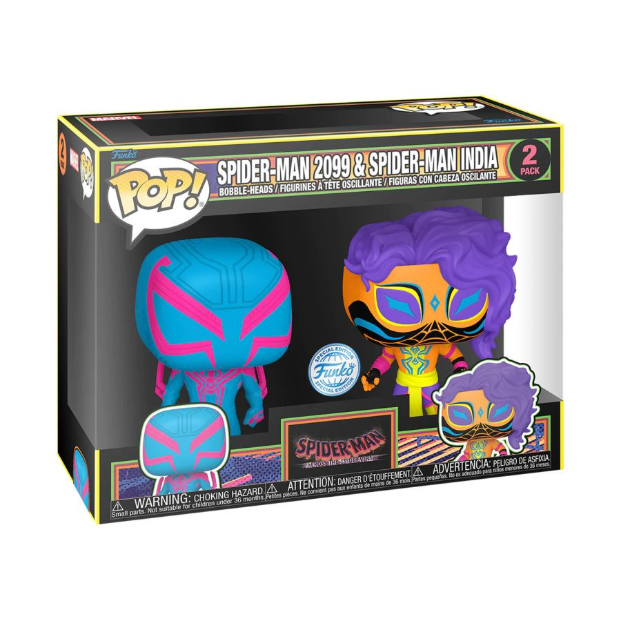 Фигурка Funko POP Marvel Spider-Man: Across The SpiderVerse – Spider-Man 2099 & Spider-Man India Blacklight Exclusive Bobble-Head 2-Pack (9,5 см)
