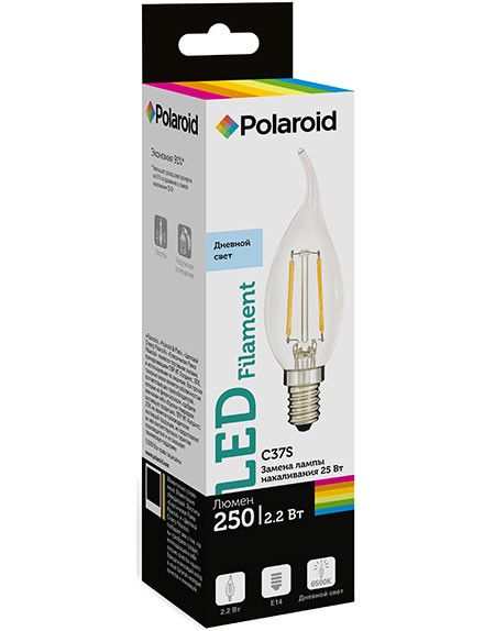 Набор светодиодных лампочек Polaroid 220V C37S FIL 2,2W 6500K E14 250lm, 5шт