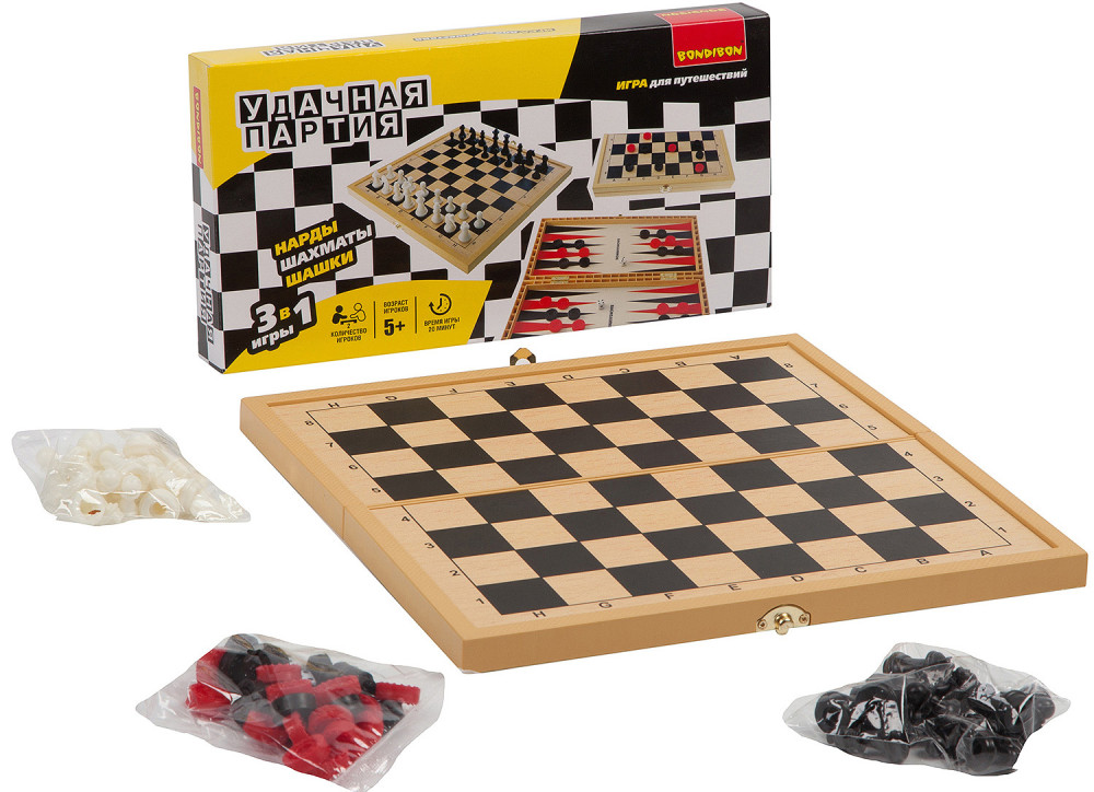 Настольная игра Удачная партия 3 в 1 Шашки, шахматы, нарды