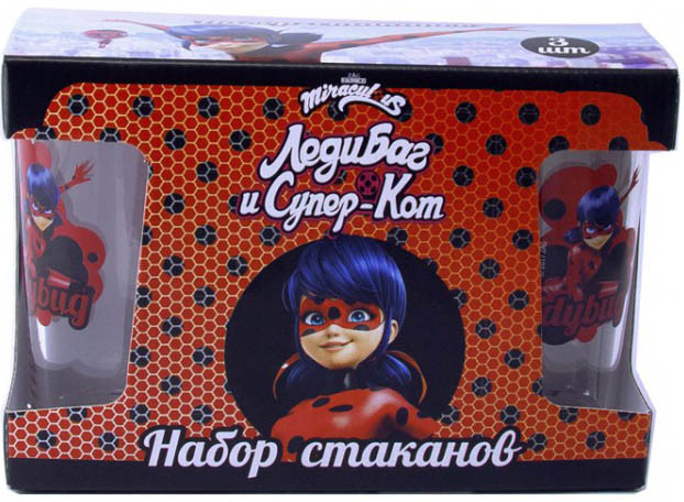 Набор стаканов Леди Баг и Супер Кот: Дизайн 1. 3-Pack (стекло)