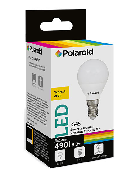 Набор светодиодных лампочек Polaroid 220V G45 6W 3000K E14 490lm, 5шт