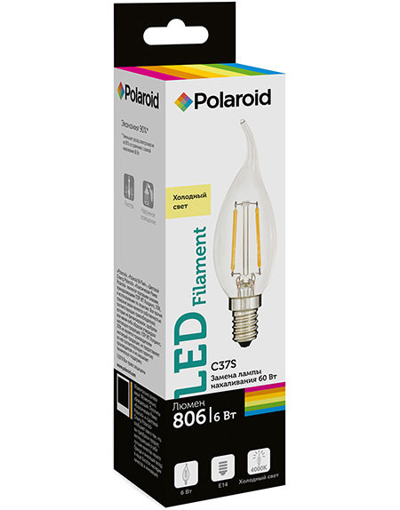 Набор светодиодных лампочек Polaroid 220V C37S FIL 6W 4000K E14 806lm, 5шт
