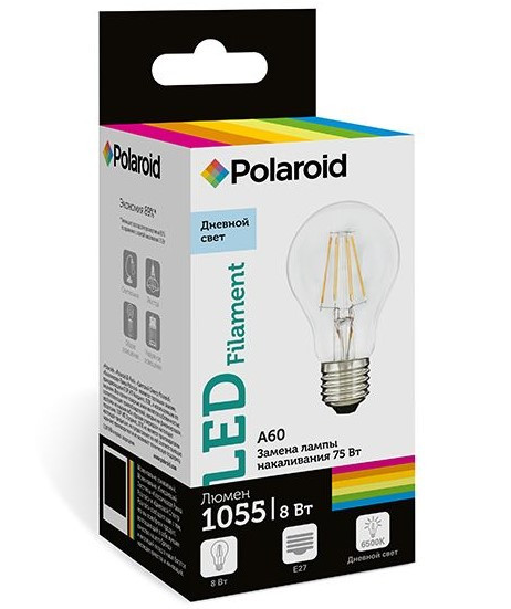 Набор светодиодных лампочек Polaroid 220V FIL A60 8W 6500K E27 1055lm, 5шт