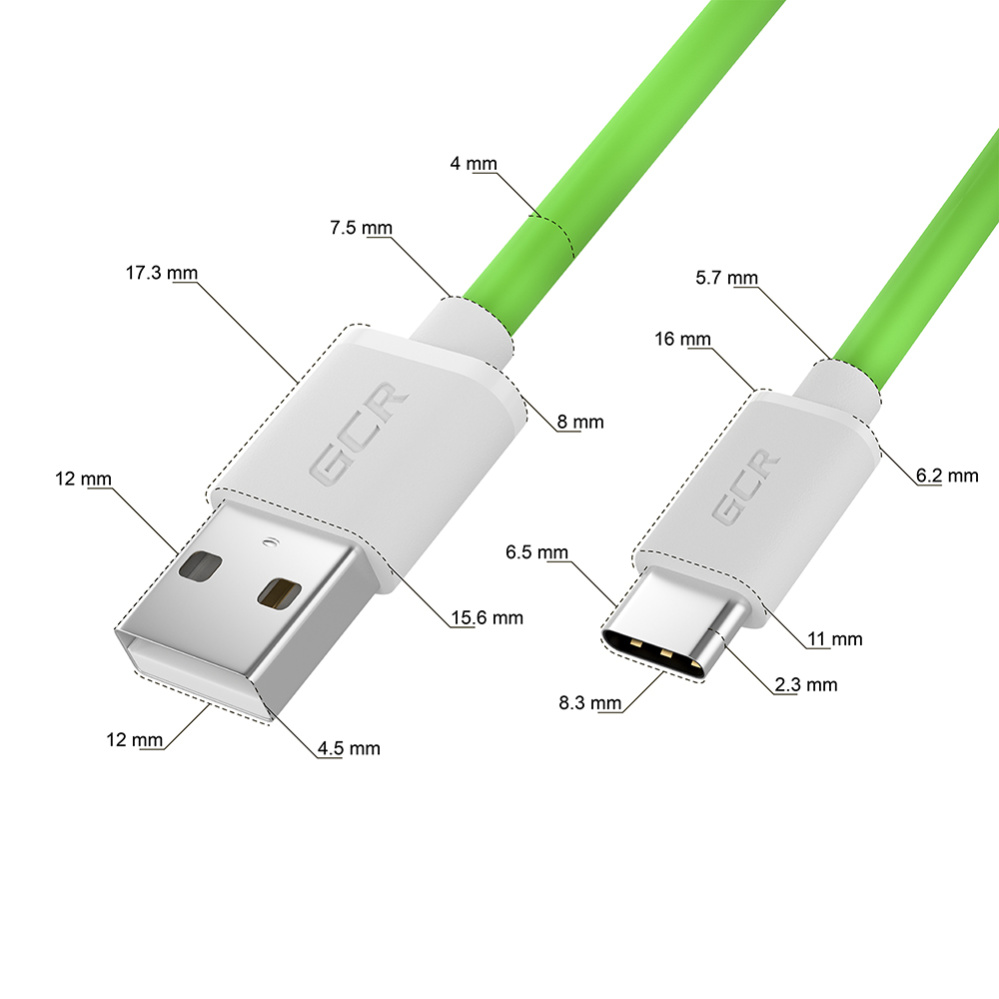 Кабель GCR QC TypeC быстрая зарядка 1.5 м (зеленый TPE, белые коннекторы) (GCR-52495)