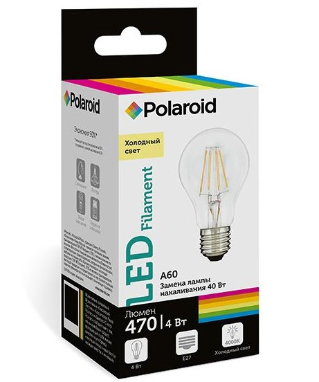 Набор светодиодных лампочек Polaroid 220V FIL A60 4W 4000K E27 470lm, 5шт