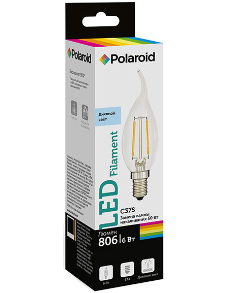 Набор светодиодных лампочек Polaroid 220V C37S FIL 6W 6500K E14 806lm, 5шт