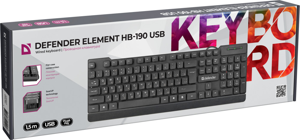 Клавиатура Defender Element HB-190 USB RU, полноразмерная для PC (черный) (45191)