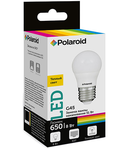 Набор светодиодных лампочек Polaroid 220V G45 8W 3000K E27 650lm, 5шт