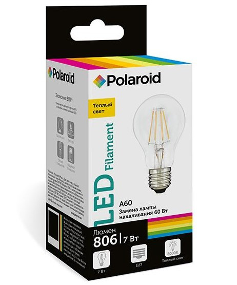 ����� ������������ �������� Polaroid 220V FIL A60 7W 3000K E27 806lm, 5��