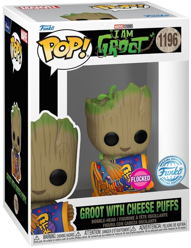  Funko POP Marvel: I Am Groot  Groot With Cheese Puffs [Flocked] Exclusive  Bobble-Head (9,5 )