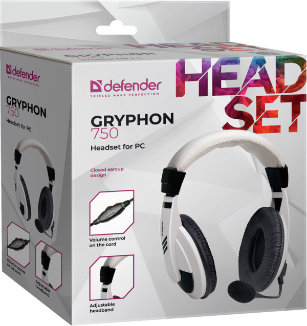 Гарнитура Defender Gryphon 750 проводная игровая для PC, 2 м (белый) (63747)