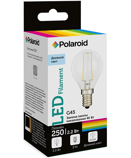 Набор светодиодных лампочек Polaroid 220V FIL G45 2,2W 6500K E14 250lm, 5шт