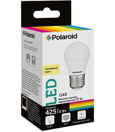 Набор светодиодных лампочек Polaroid 220V G45 5W 4000K E27 425lm, 5шт
