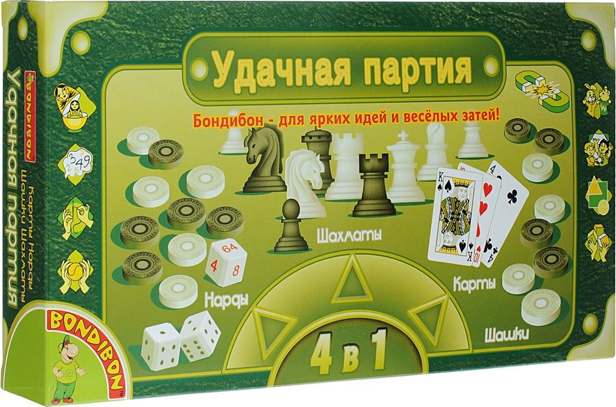 Настольная игра Удачная партия 4 в 1 Шашки, шахматы, нарды, карты + Конструктор Huggy Wuggy 33 детали Набор