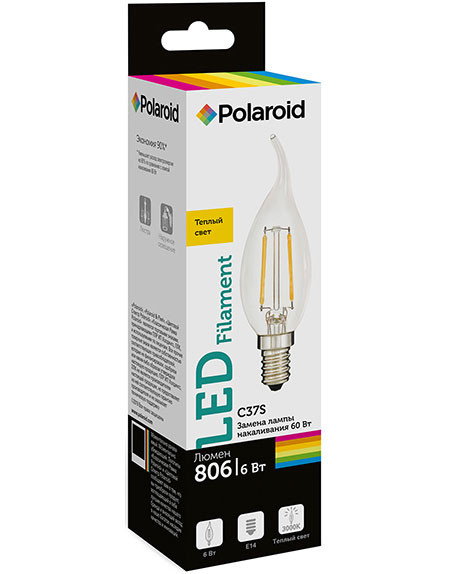 Набор светодиодных лампочек Polaroid 220V C37S FIL 6W 3000K E14 806lm, 5шт