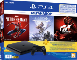  Sony PlayStation Slim (1TB) Black (CUH-2208B) + Gran Turismo Sport + Horizon Zero Dawn + Marvel   + PS Plus 3 