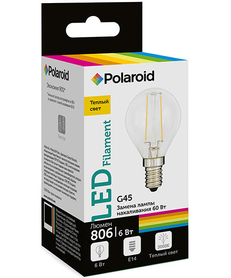 Набор светодиодных лампочек Polaroid 220V FIL G45 6W 3000K E14 806lm, 5шт
