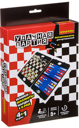 Настольная игра Удачная партия 4 в 1 Шашки + шахматы + нарды + 5 в ряд