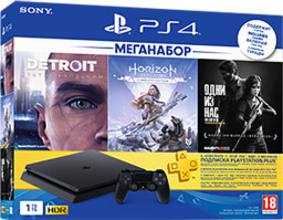 Игровая консоль PlayStation 4 Slim (1TB) Black (CUH-2208B) + игра Horizon Zero Dawn. Complete Edition + игра Detroit: Стать человеком + игра Одни из нас. Обновленная версия + PS Plus 3 месяца
