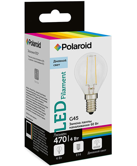 Набор светодиодных лампочек Polaroid 220V FIL G45 4W 6500K E14 470lm, 5шт